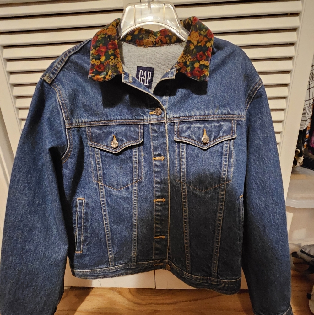 GAP Blue Denim Jacket with Floral Collar